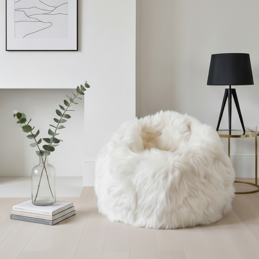 Premium Natural Long-Wool Sheepskin Bean Bag, L85 x W85 x H70 cm, Ivory