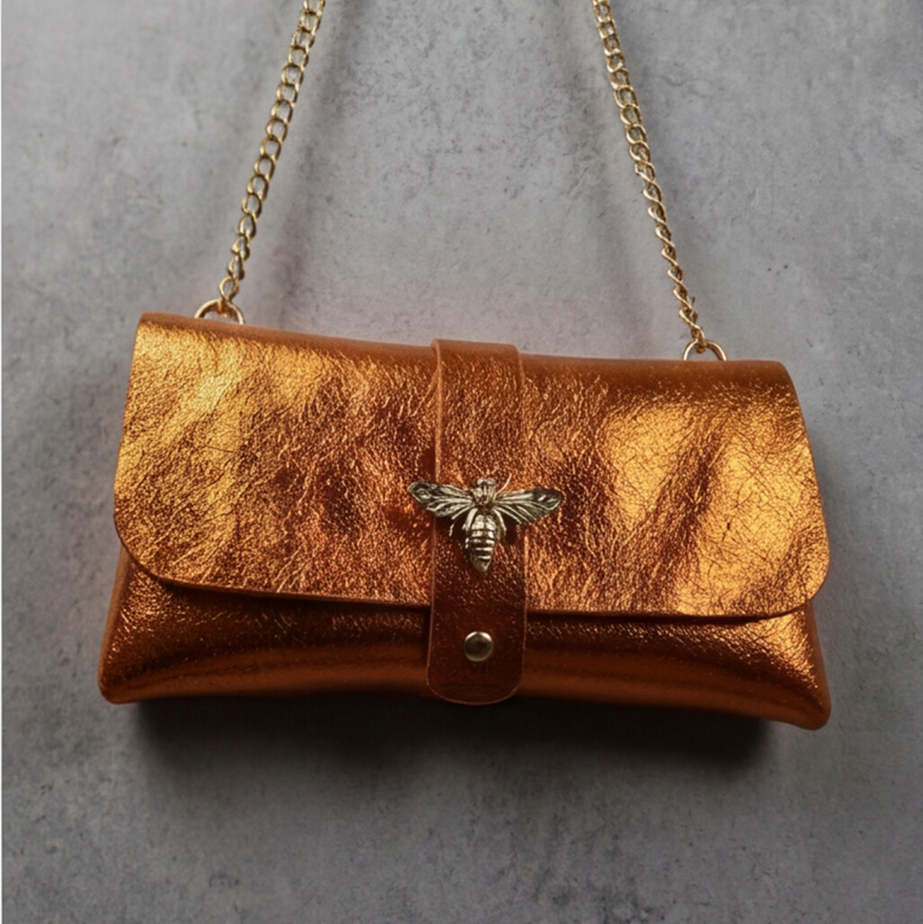 Anima Suede Leather Metallic Clutch Shoulder Bag by Clemés