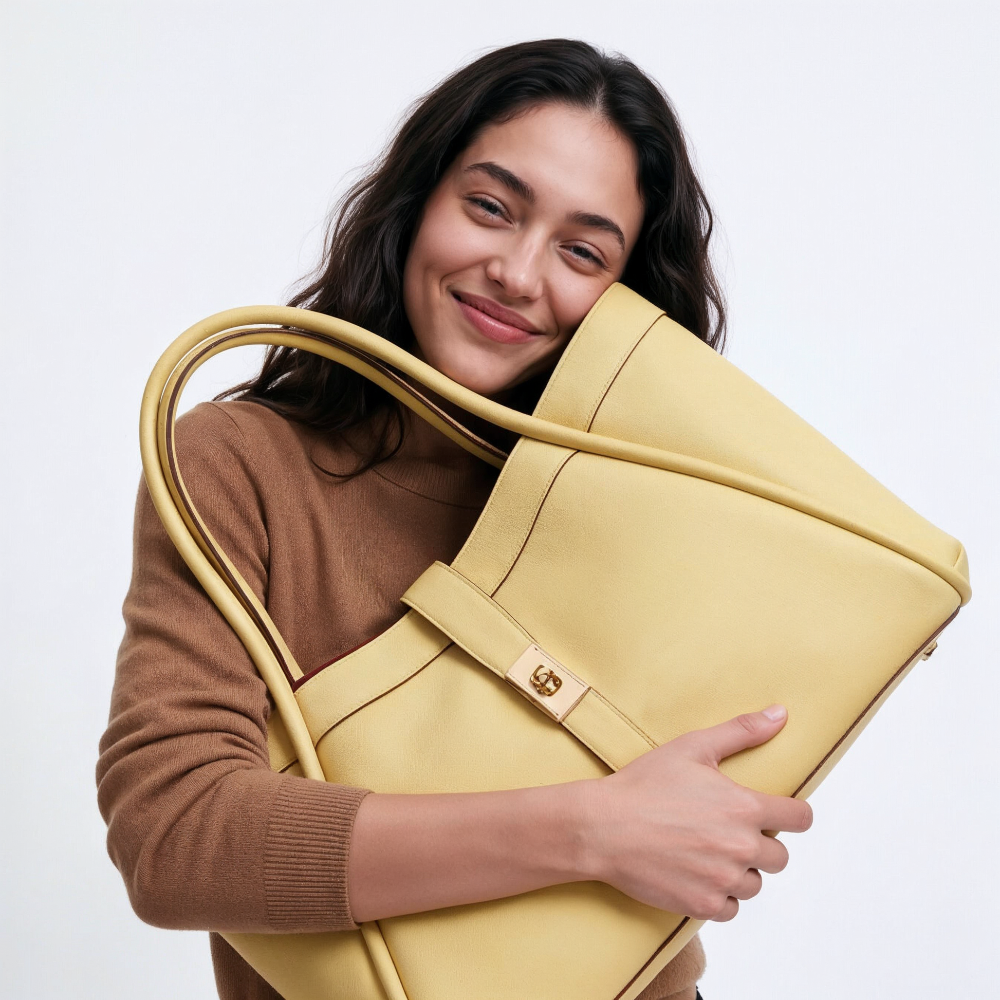 Woman hugging the Yellow Bianca Large bag in a brown sweater