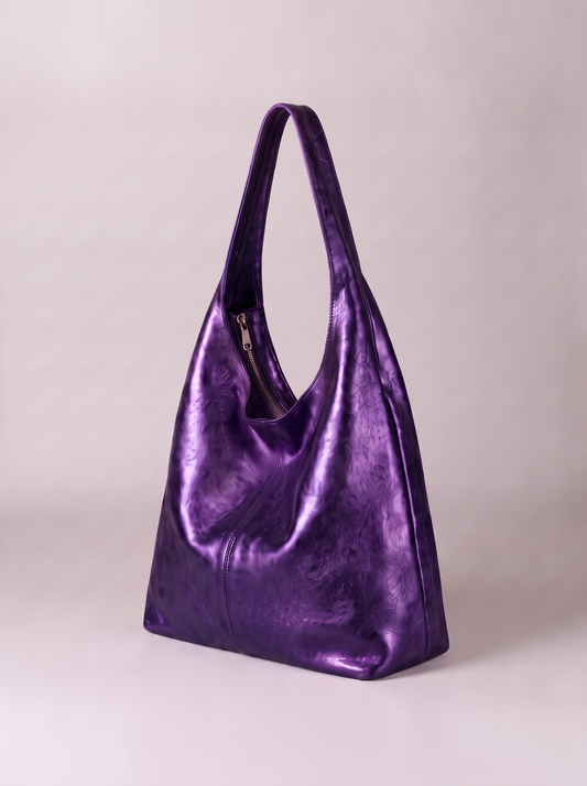 Silvia Metallic Suede Slouch Bag by Clemés, Violet