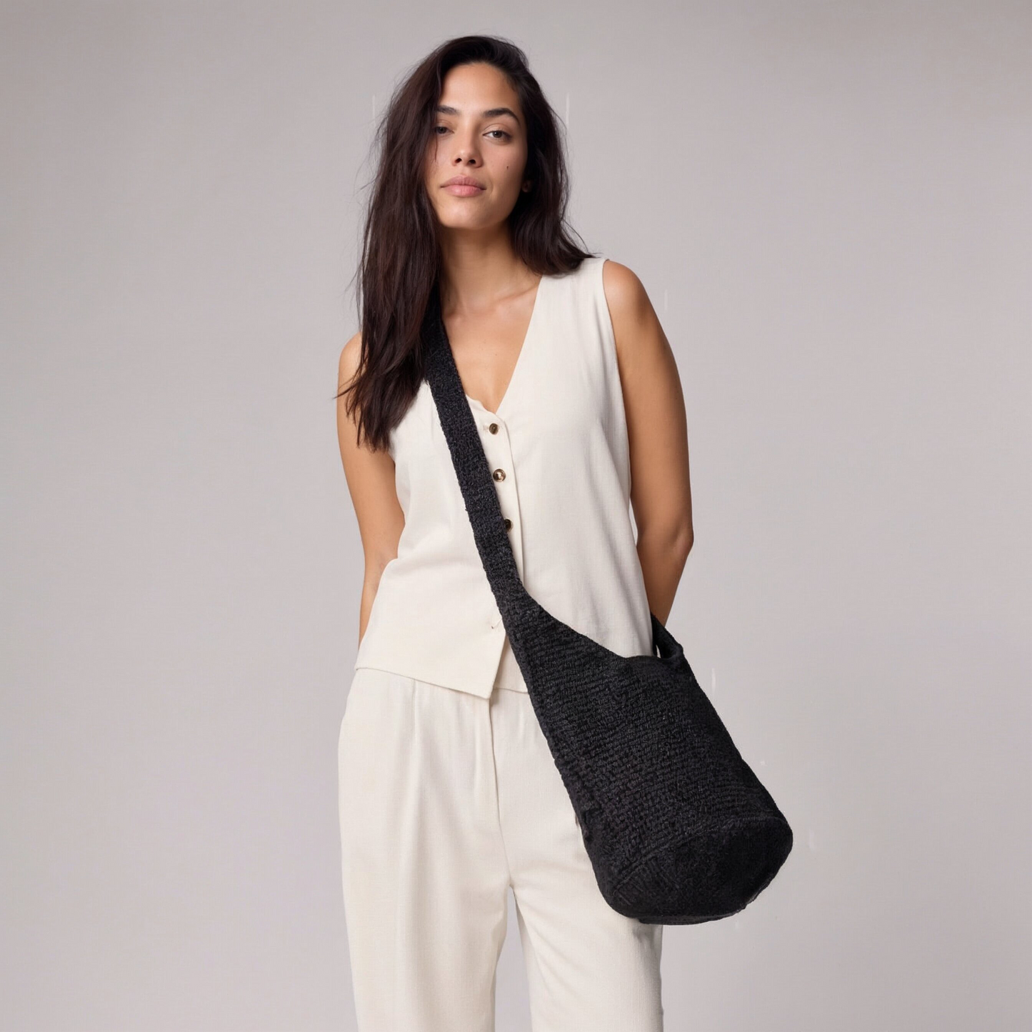 Fleurine Raffia Crossbody Basket by Clemés, Black