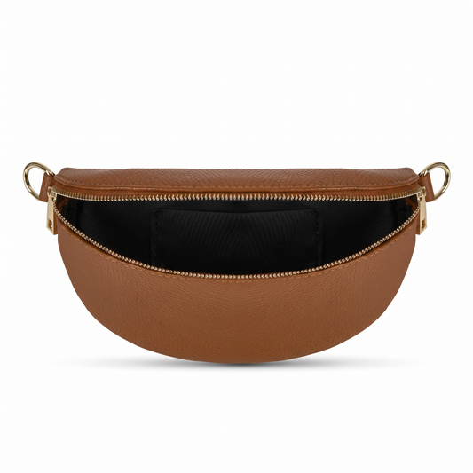 Romy Leather Crossbody Bum Bag by Clemés in Tan, studio shot