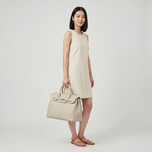 Woman carrying the White Valentina tote in a cream dress