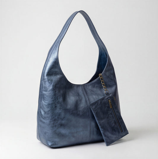 Silvia Metallic Suede Slouch Bag by Clemés, Navy Blue