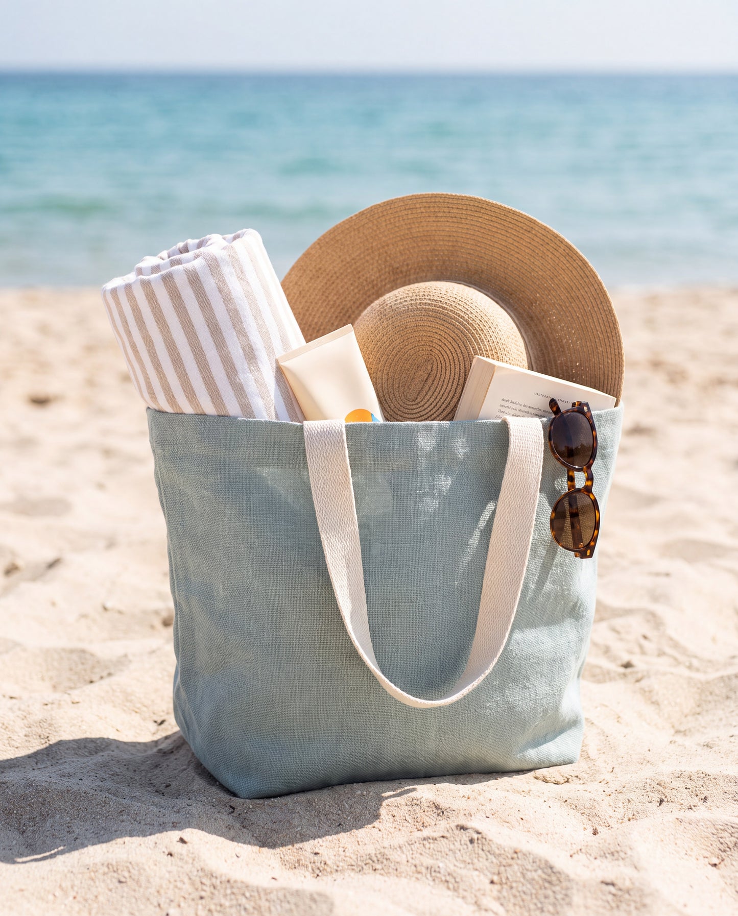 Marina Soft Washed Jute Beach Bag by Clemés - Duck Egg Blue packed for a beach day