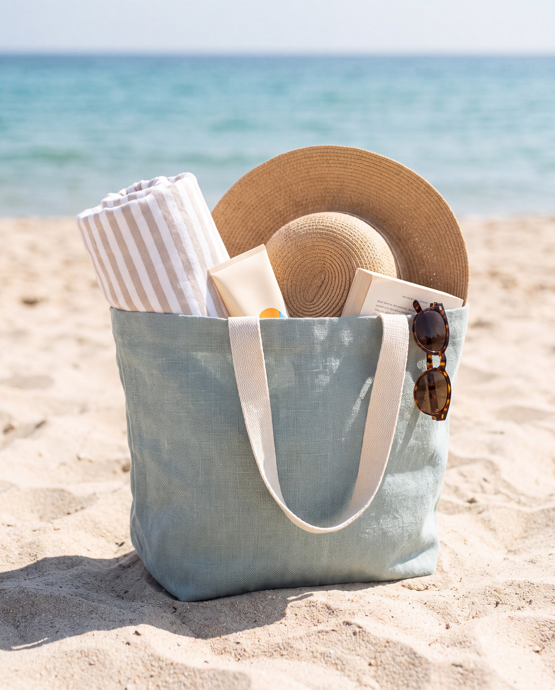 Marina Soft Washed Jute Beach Bag by Clemés - Duck Egg Blue packed for a beach day