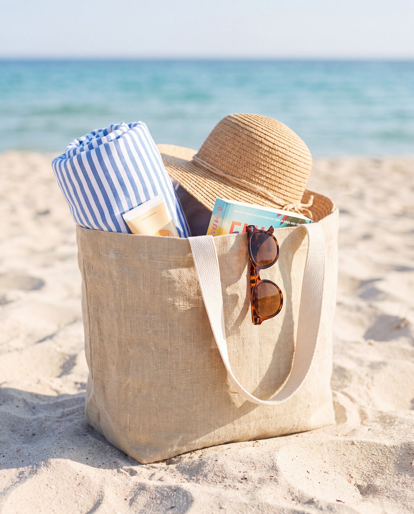 Marina Soft Washed Jute Beach Bag by Clemés - Natural packed for a beach day