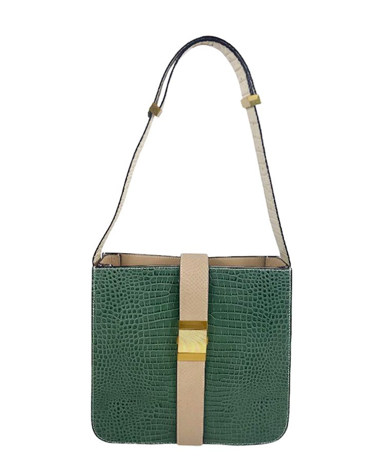 Romy croc-embossed leather shoulder bag by Clemés in Pistachio, front view with contrast strap panel