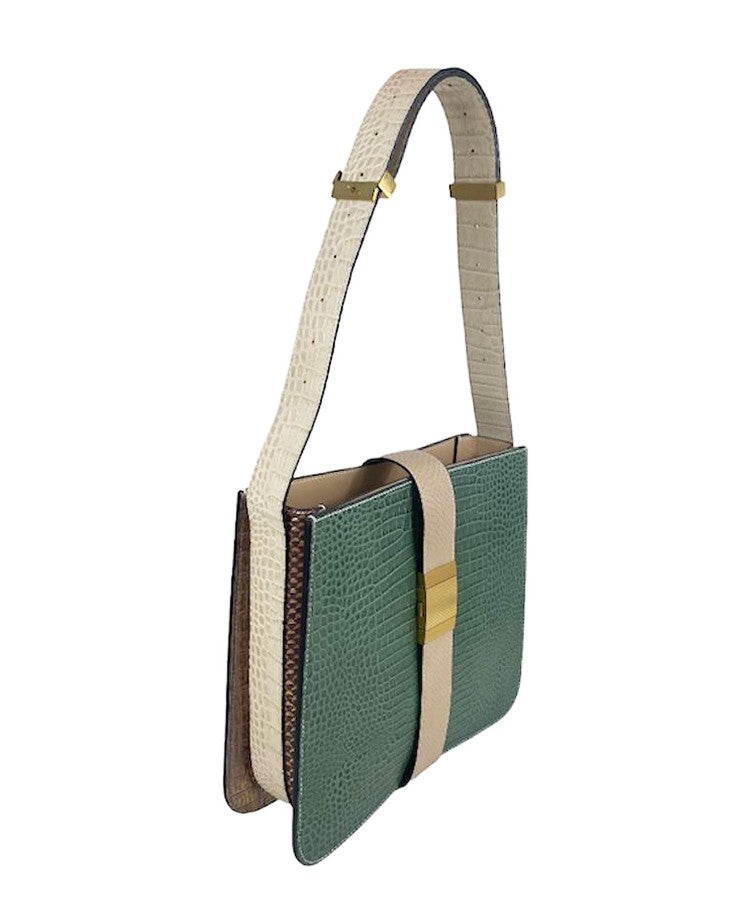 Romy croc-embossed leather shoulder bag by Clemés in Pistachio, angled side view