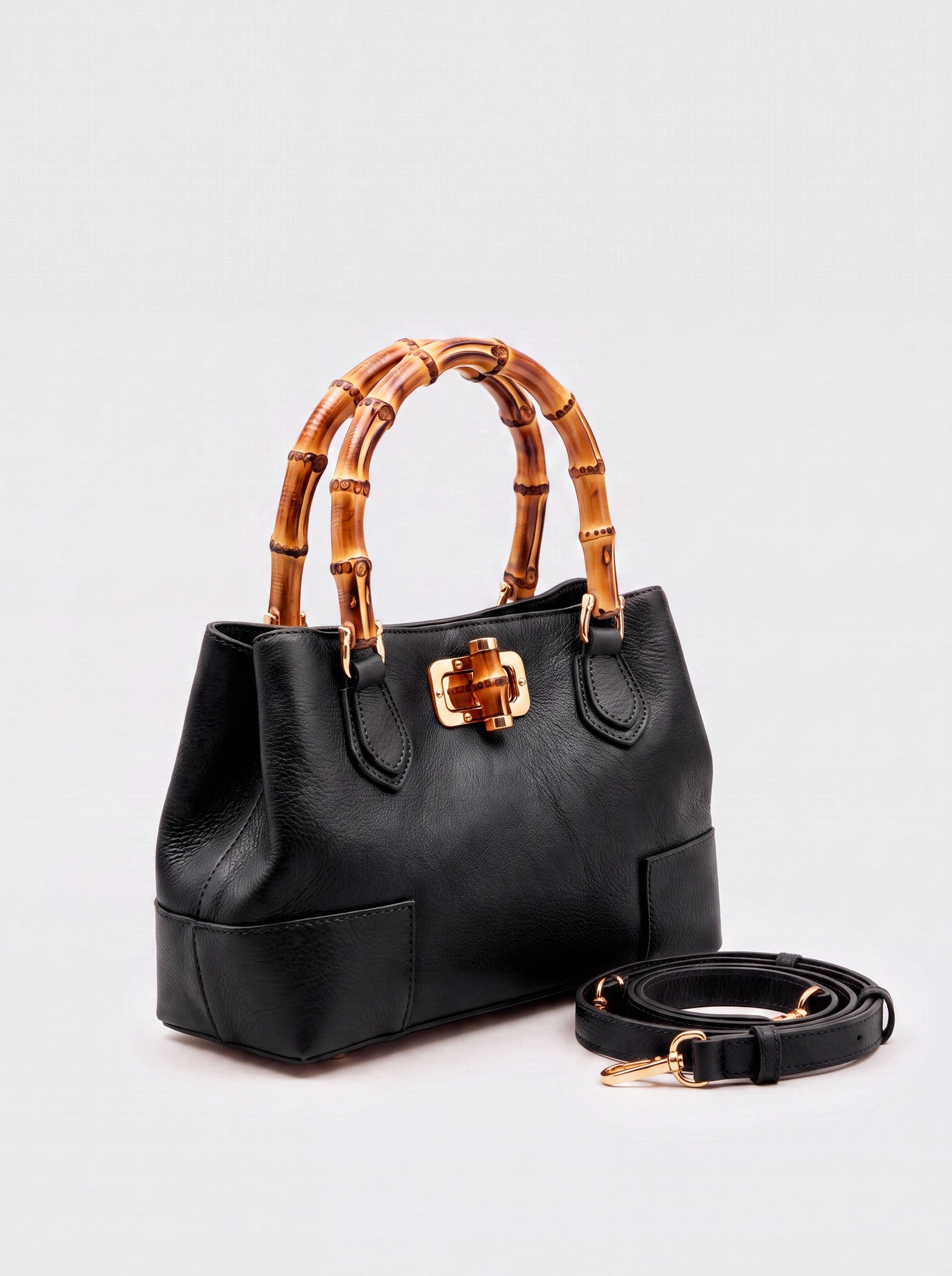 Medium Ginevra bamboo-handle leather bag in Black, studio product shot