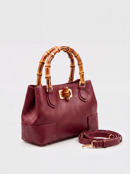 Medium Ginevra bamboo-handle leather bag in Burgundy, studio product shot