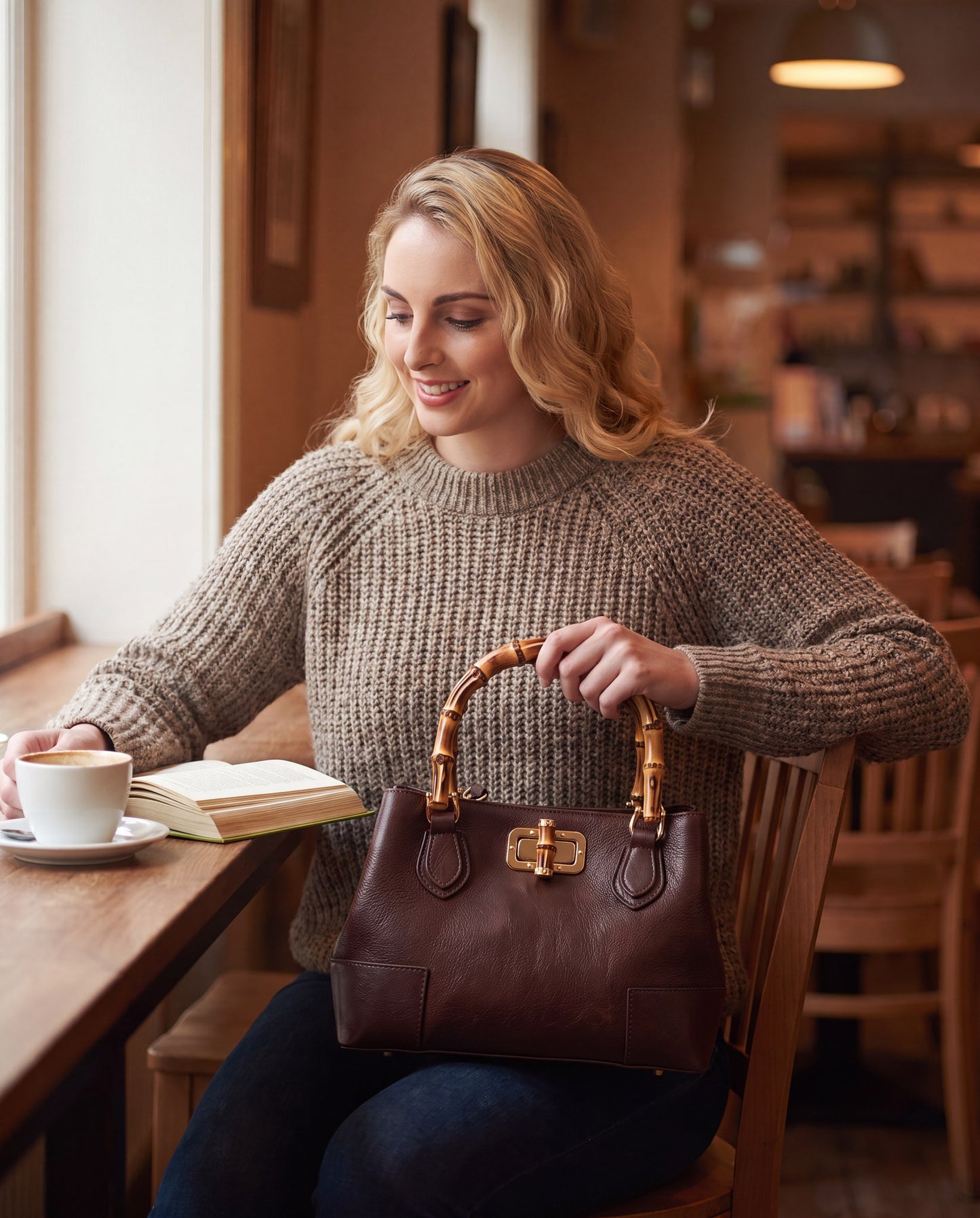 Woman with the Medium Ginevra bamboo-handle leather bag in Dark Brown in a cosy café interior