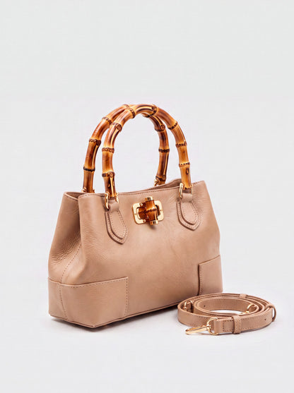 Medium Ginevra bamboo-handle leather bag in Light Taupe, studio product shot