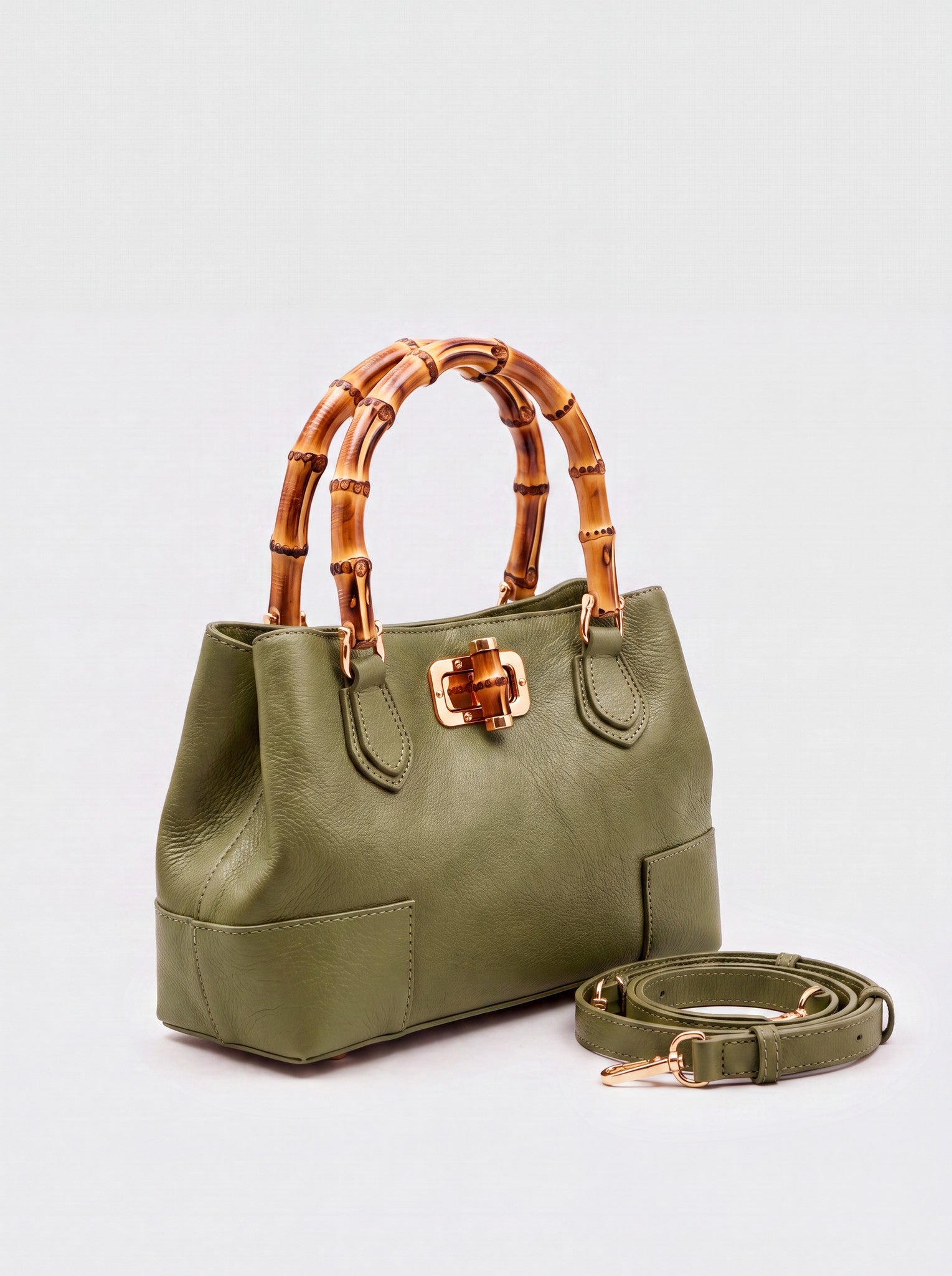 Medium Ginevra bamboo-handle leather bag in Olive, studio product shot