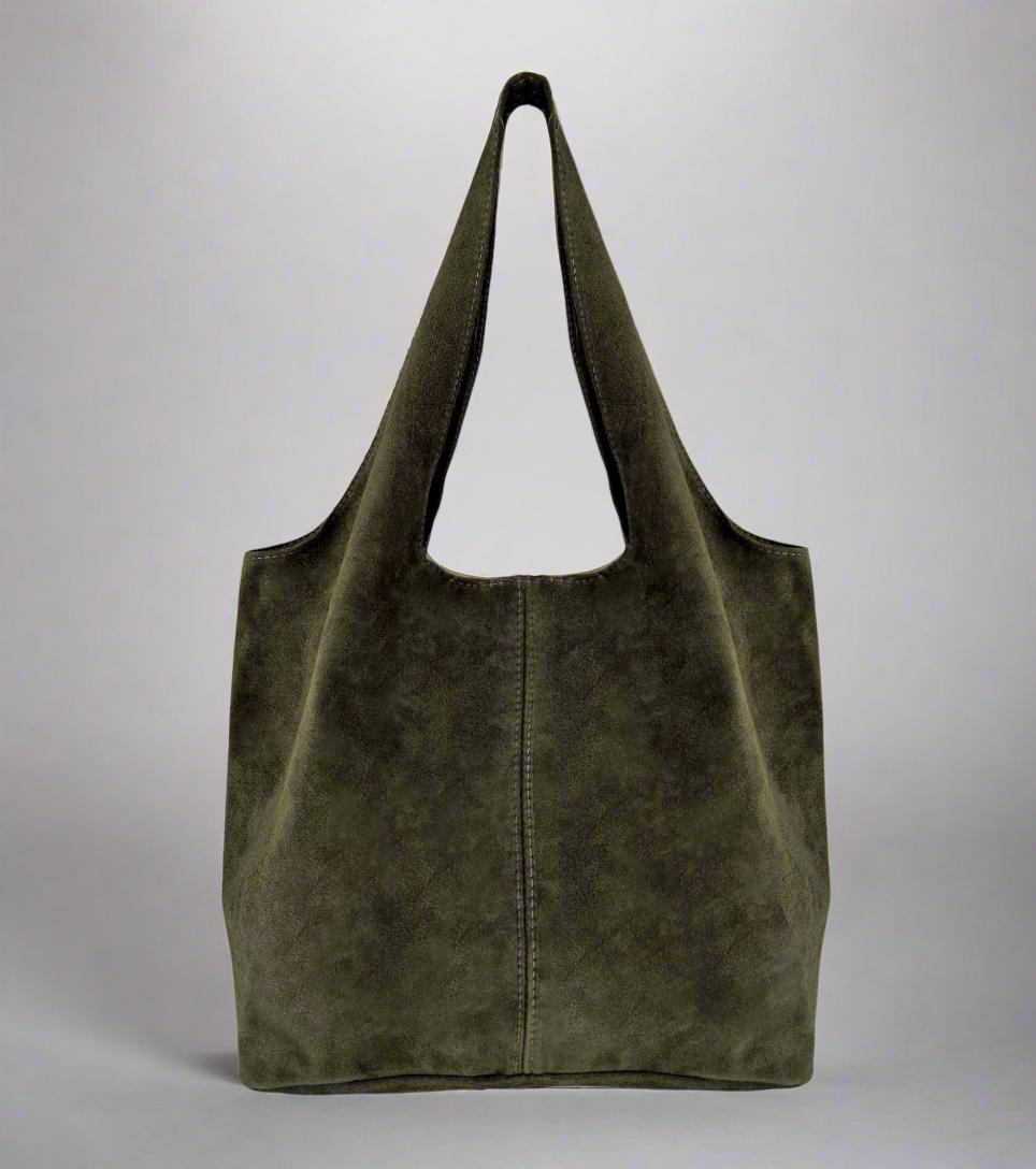 Giannina Suede Leather Shoulder Tote Bag With Internal Pouch by Clemés (Dark Olive)