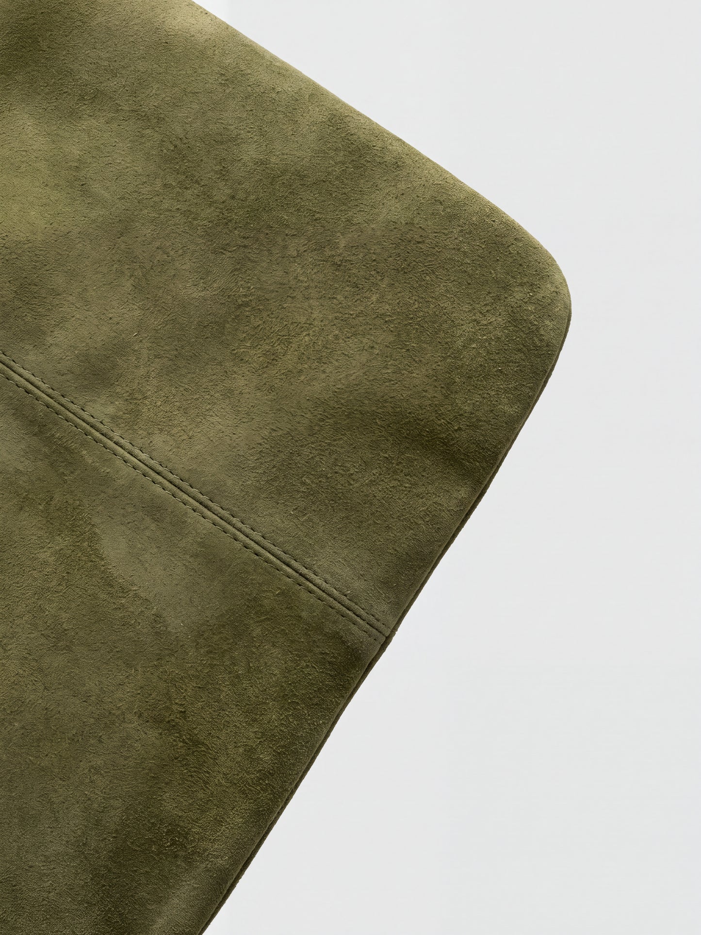 Milano Max Suede Bag in Olive by Clemés, texture close-up of the olive suede corner and base seam