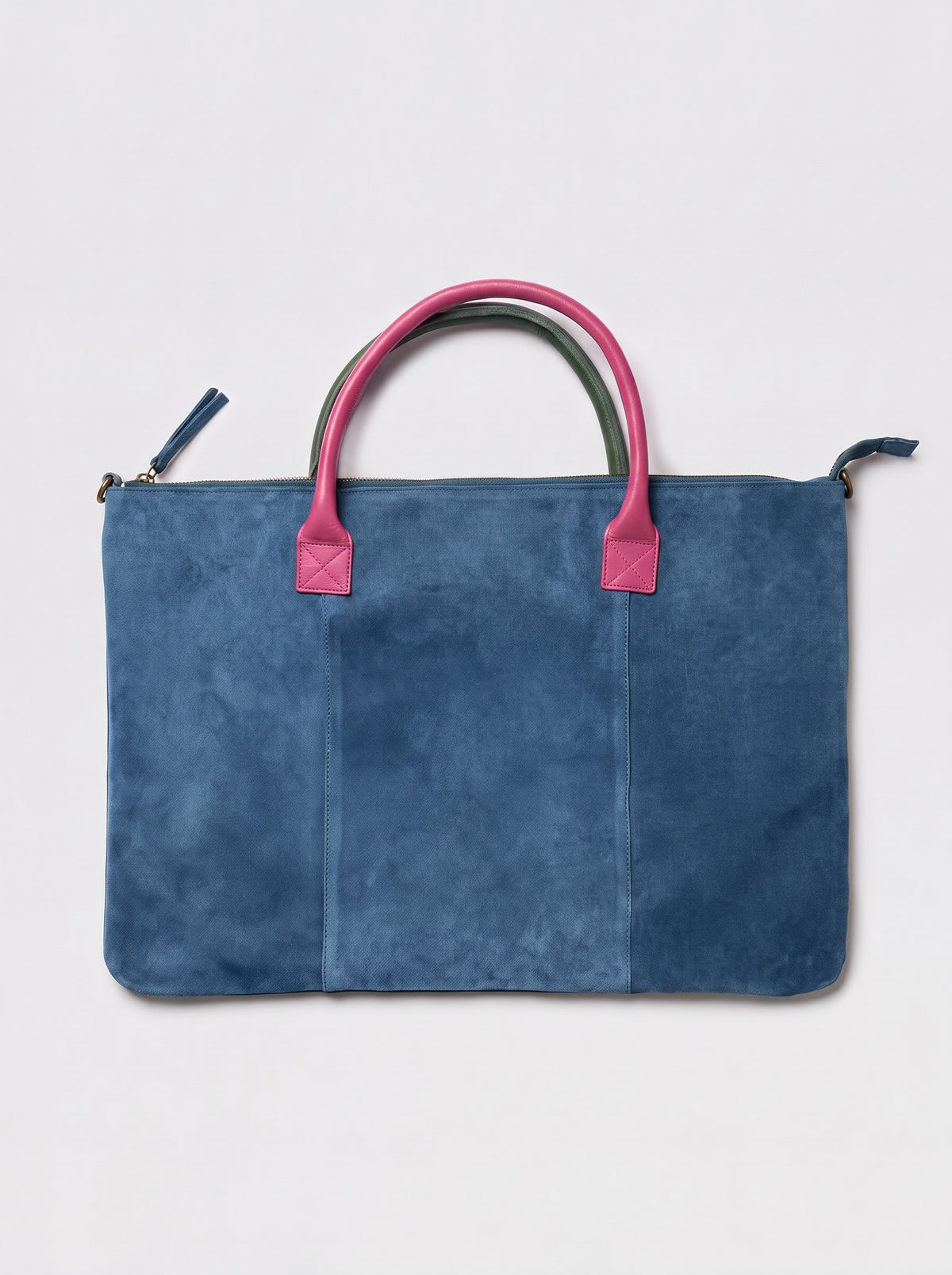 Milano Max Suede Bag in Blue by Clemés, flat front studio shot with fuchsia pink and green leather handles