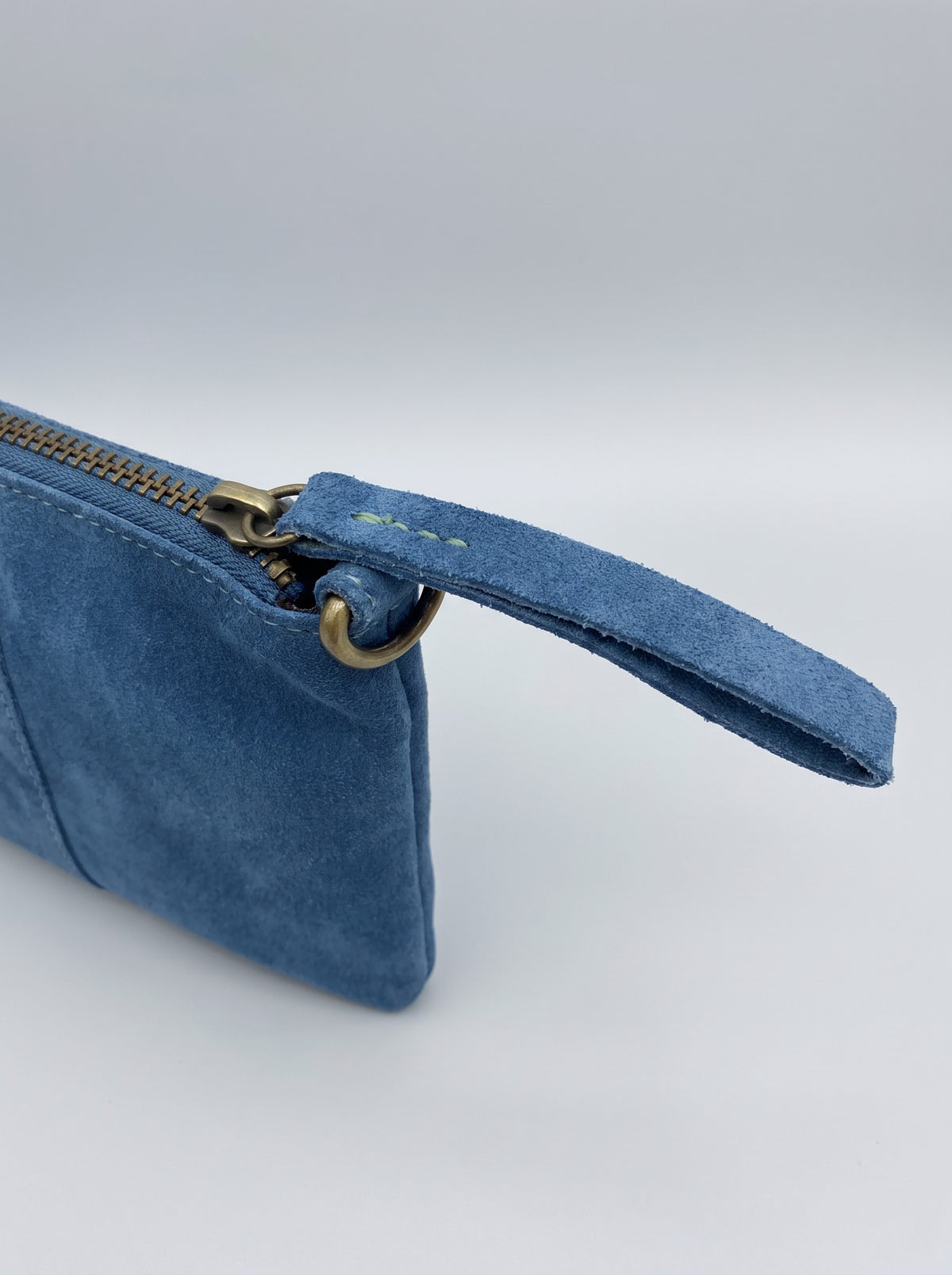 Milano Max Suede Bag in Blue by Clemés, blue suede zip pull tab and brass zip