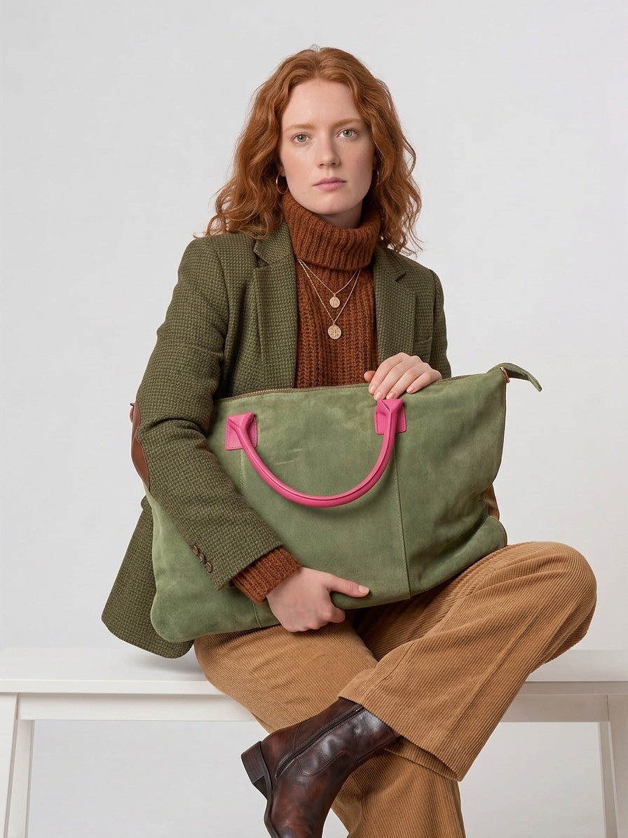 Model seated on a white bench holding the Olive Milano Max Suede Bag by Clemés on her lap, fuchsia pink handle