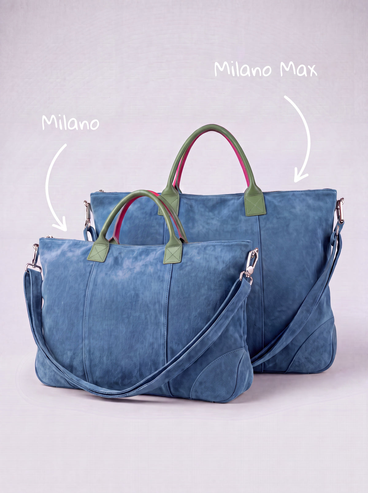 Milano Max and Milano suede bags in blue shown side by side for size comparison