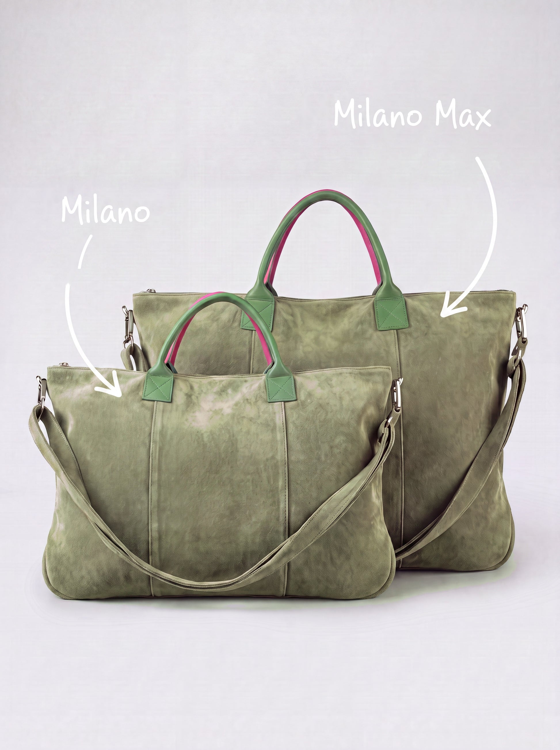 Milano Max and Milano suede bags in olive shown side by side for size comparison