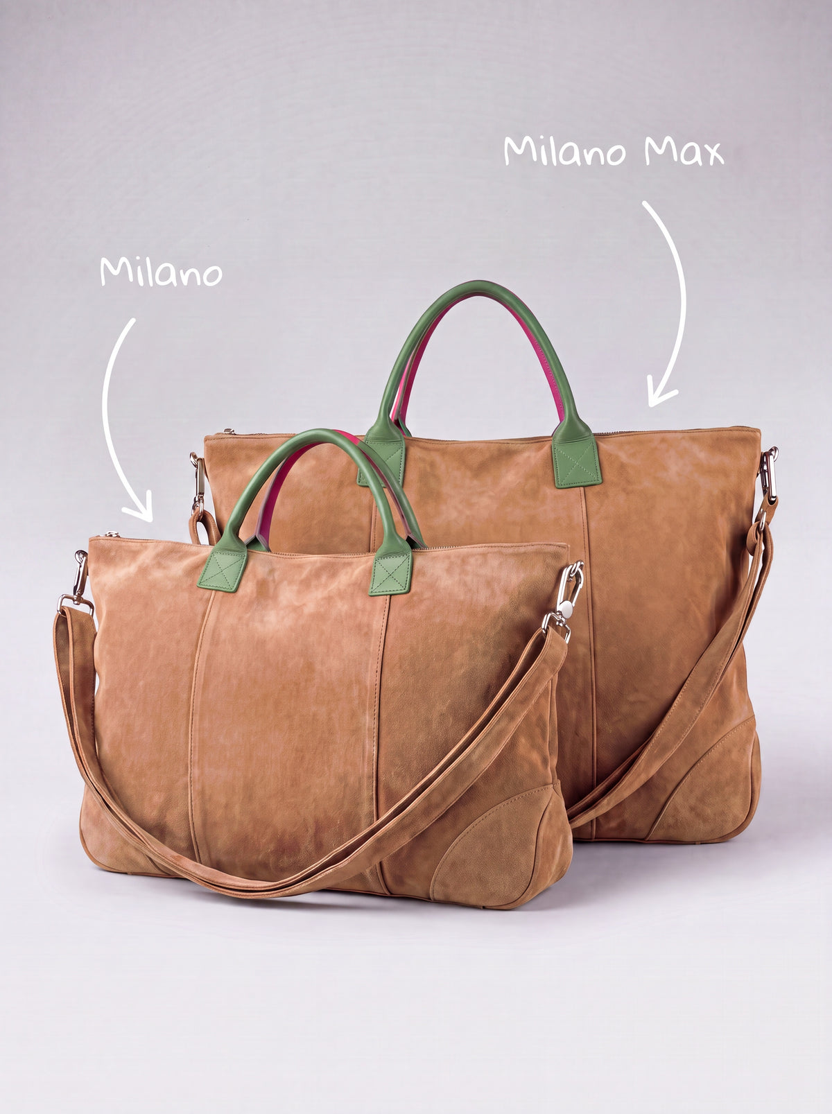 Milano Max and Milano suede bags in tan shown side by side for size comparison