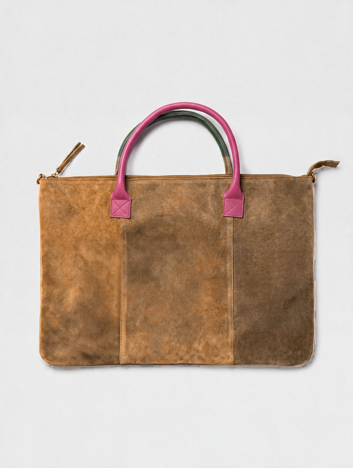 Milano Max Suede Bag in Tan by Clemés, flat front studio shot with fuchsia pink and green leather handles