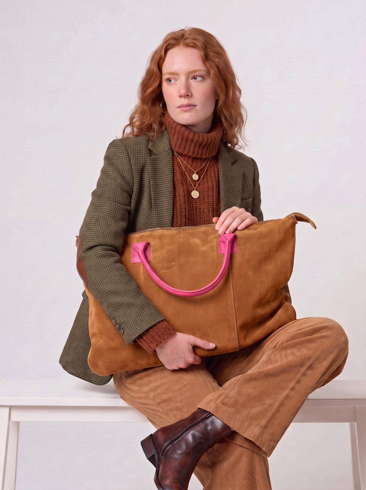 Model seated on a white bench holding the Tan Milano Max Suede Bag by Clemés on her lap, fuchsia pink handle