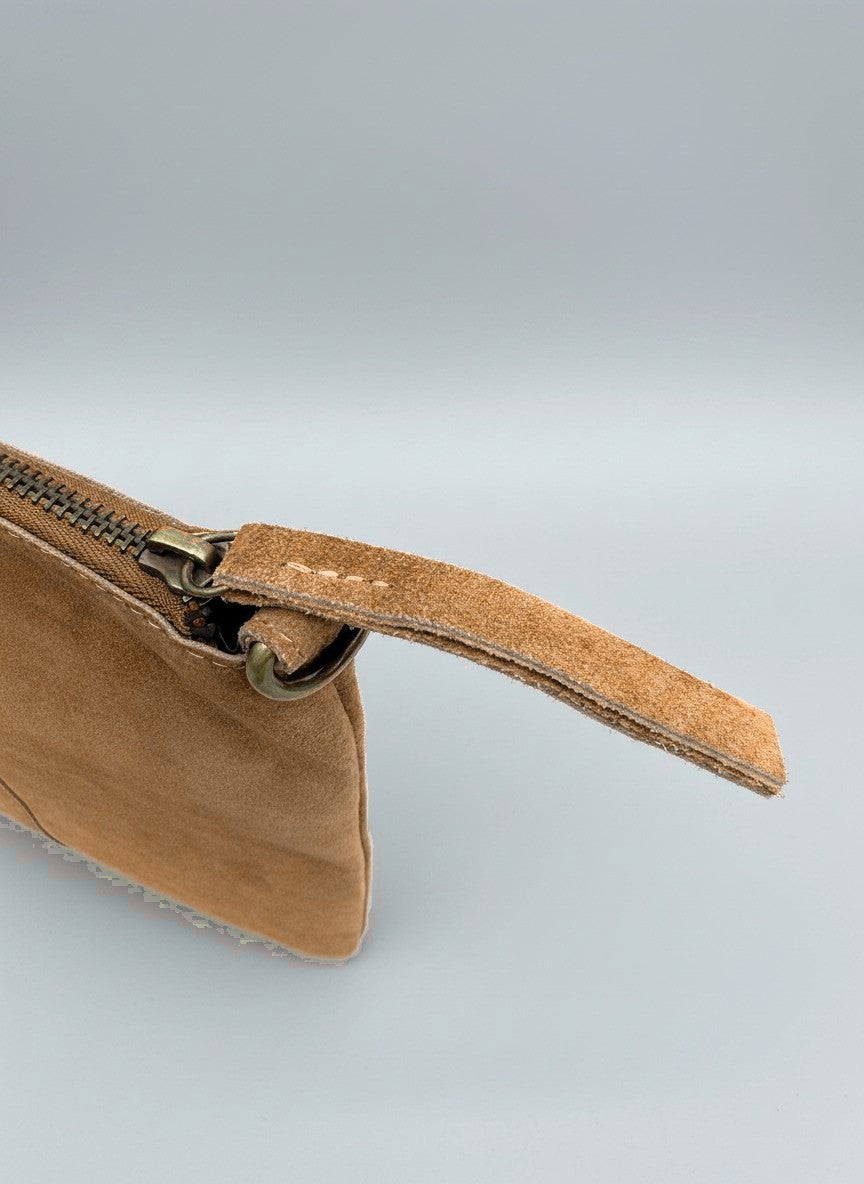 Milano Max Suede Bag in Tan by Clemés, tan suede zip pull tab and brass zip