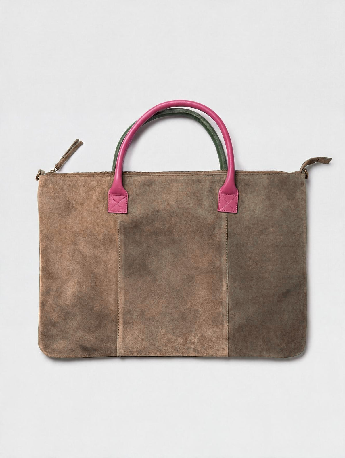 Milano Max Suede Bag in Taupe by Clemés, flat front studio shot with fuchsia pink and green leather handles