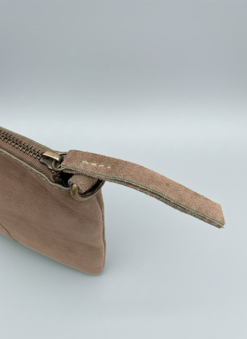 Milano Max Suede Bag in Taupe by Clemés, taupe suede zip pull tab and brass zip