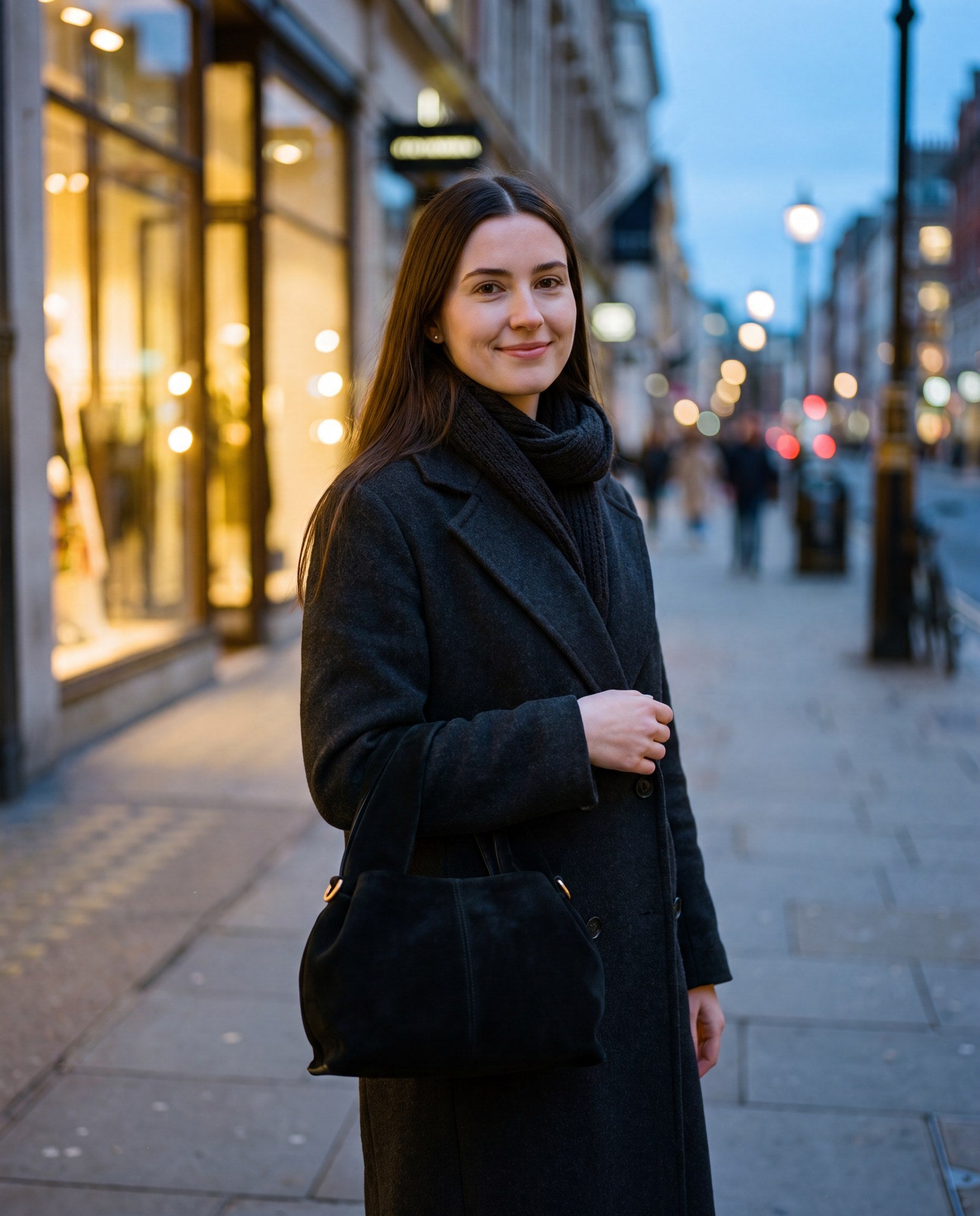 Woman wearing the Black Noemi Suede Handbag crossbody on a city street at dusk