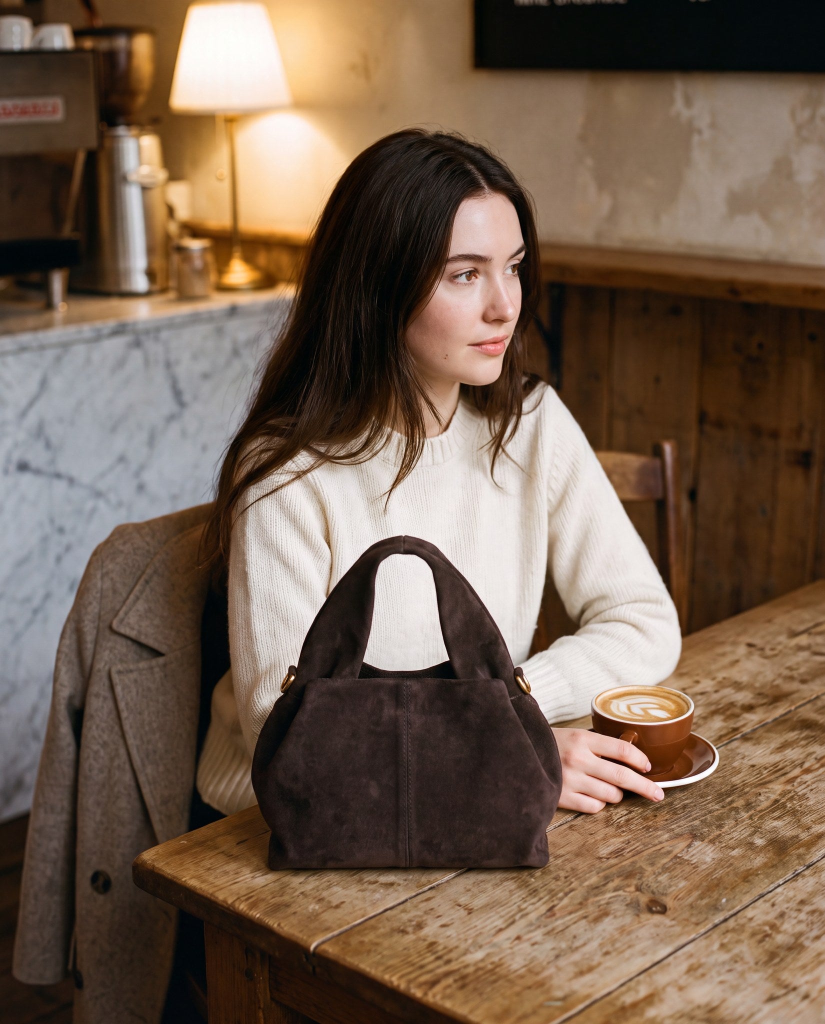 The Dark Brown Noemi Suede Handbag resting on a table in a cosy cafe interior