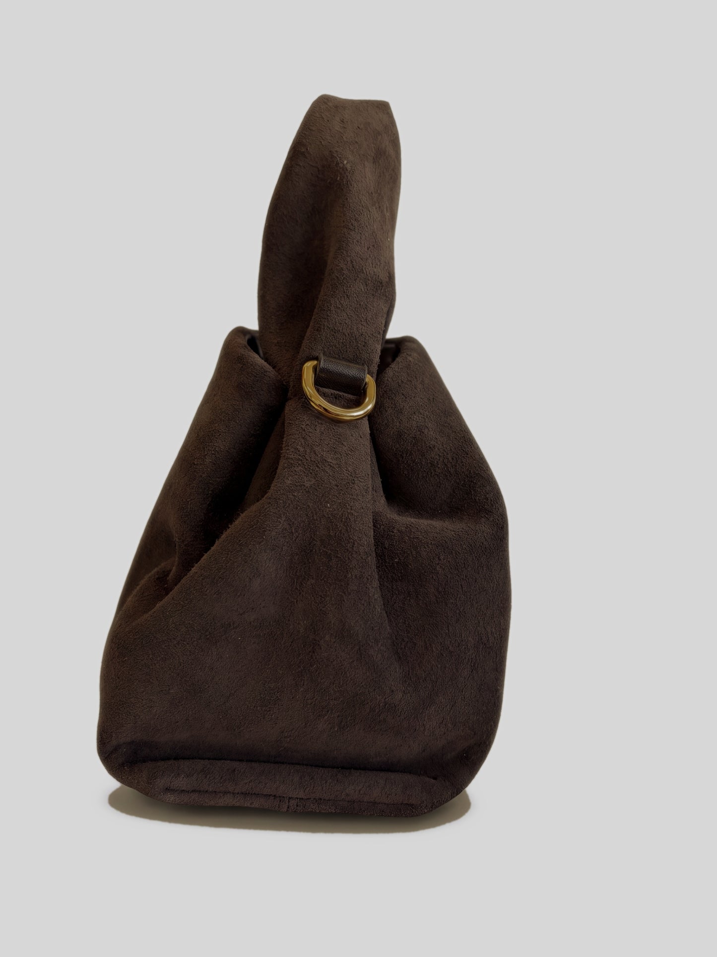 Dark Brown Noemi Suede Handbag, side view