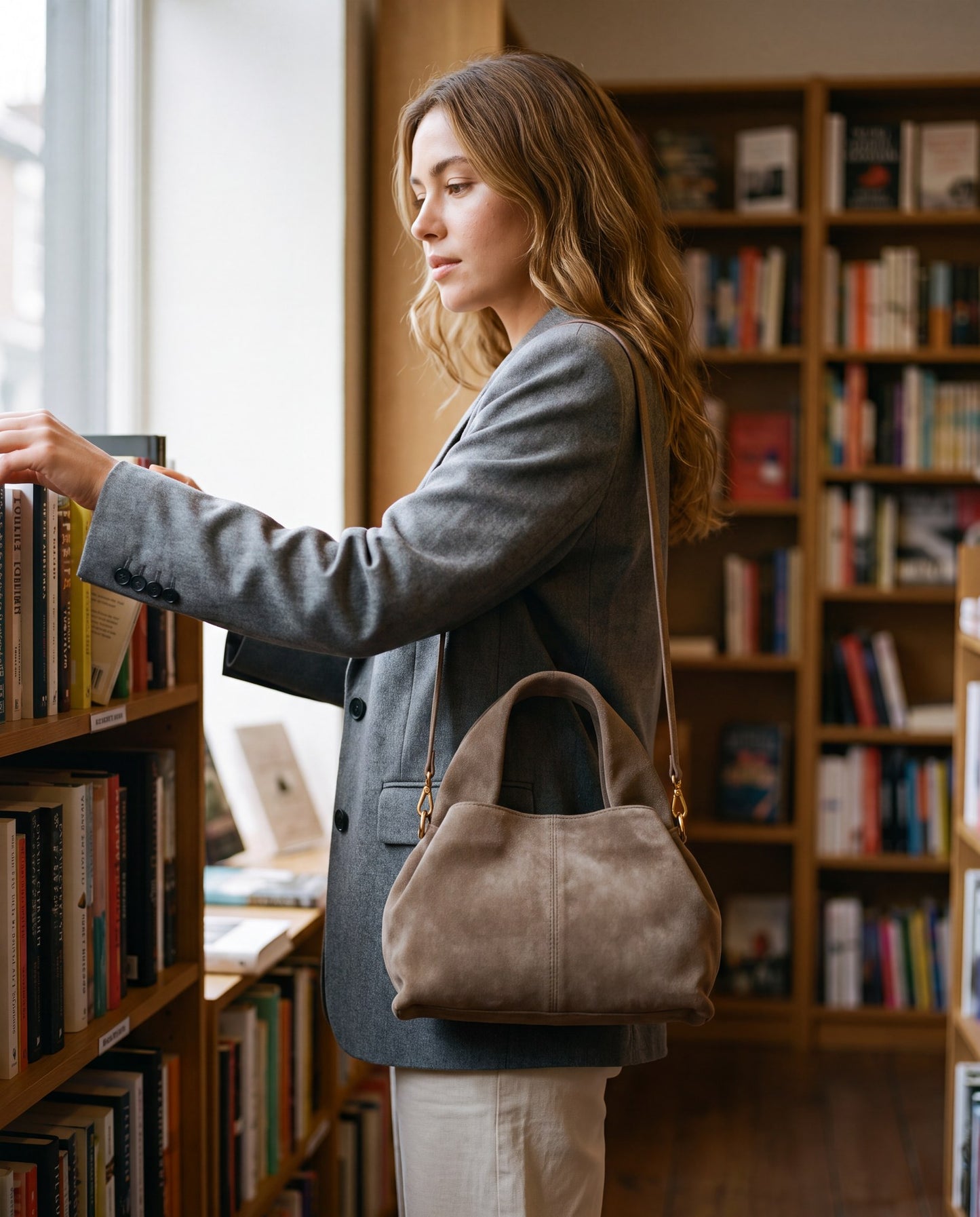 Woman browsing shelves in a bookshop with the Taupe Noemi Suede Handbag on her shoulder