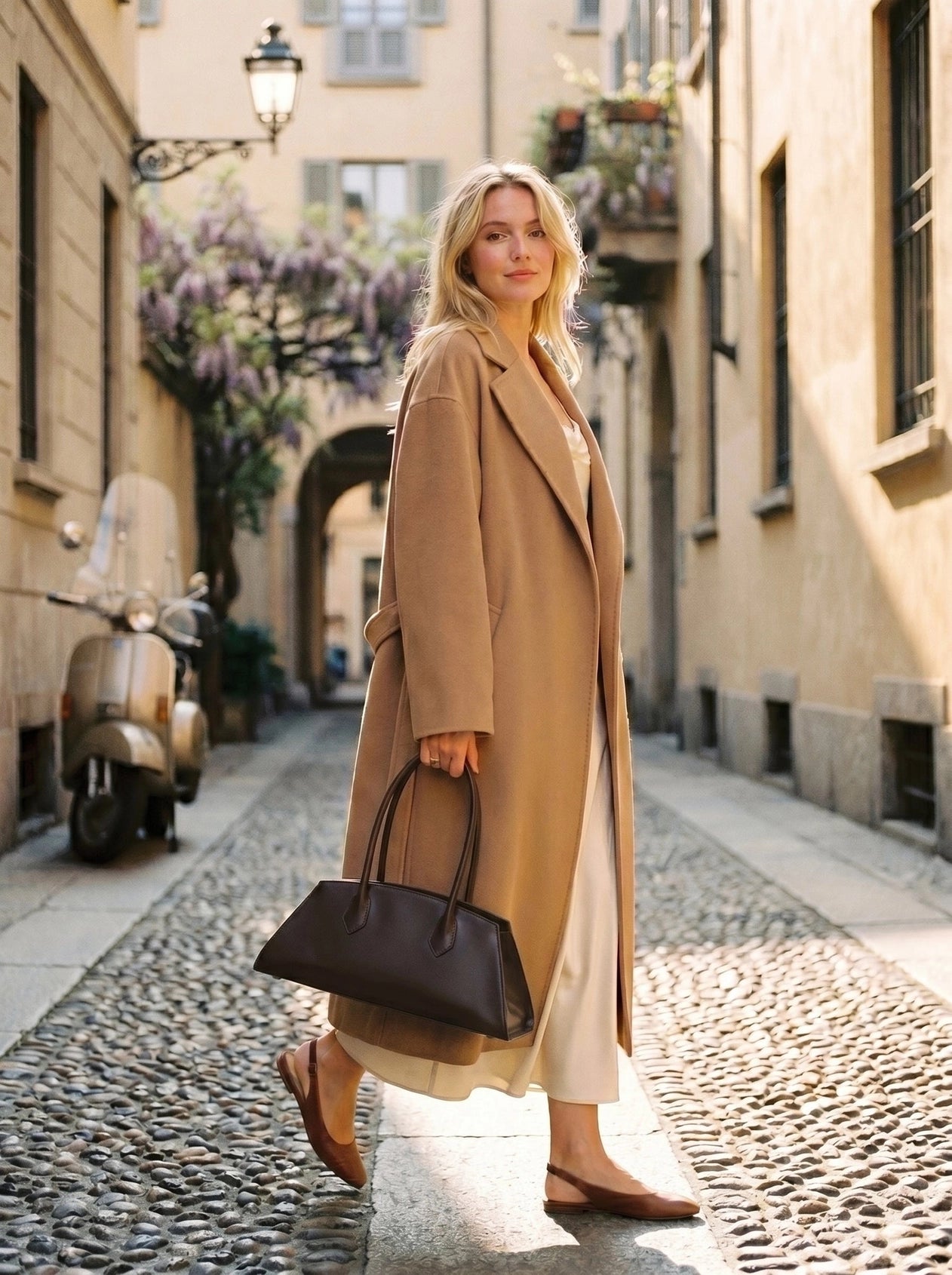 Model carrying the Nora Calfskin Shoulder Bag by Clemés in Dark Brown