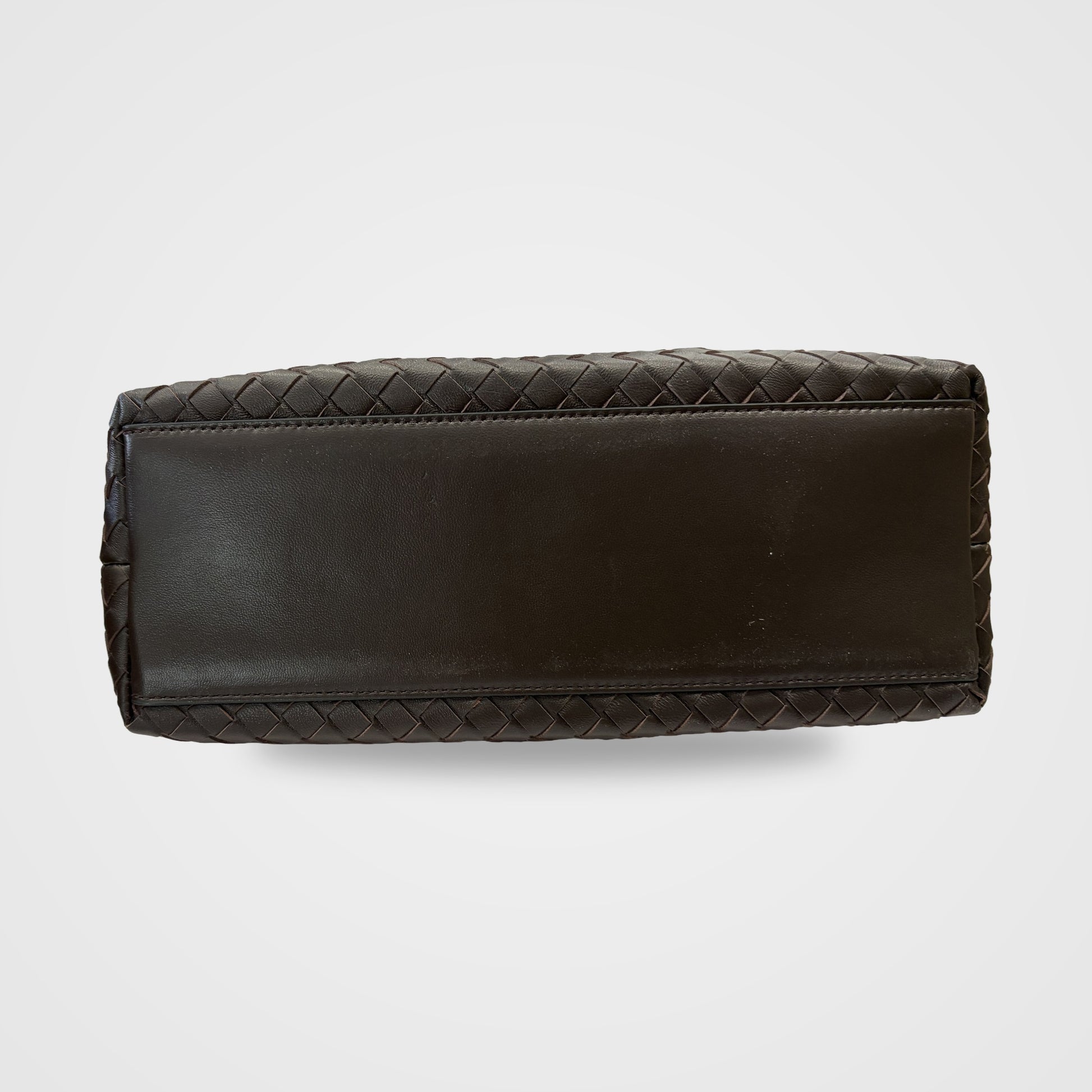 Ornella woven leather bag base with smooth leather panel and woven trim