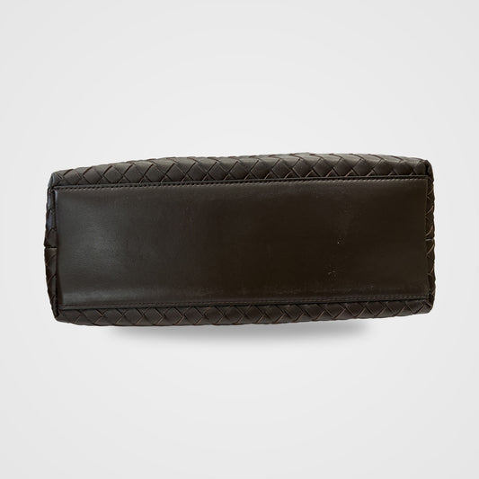 Ornella woven leather bag base with smooth leather panel and woven trim