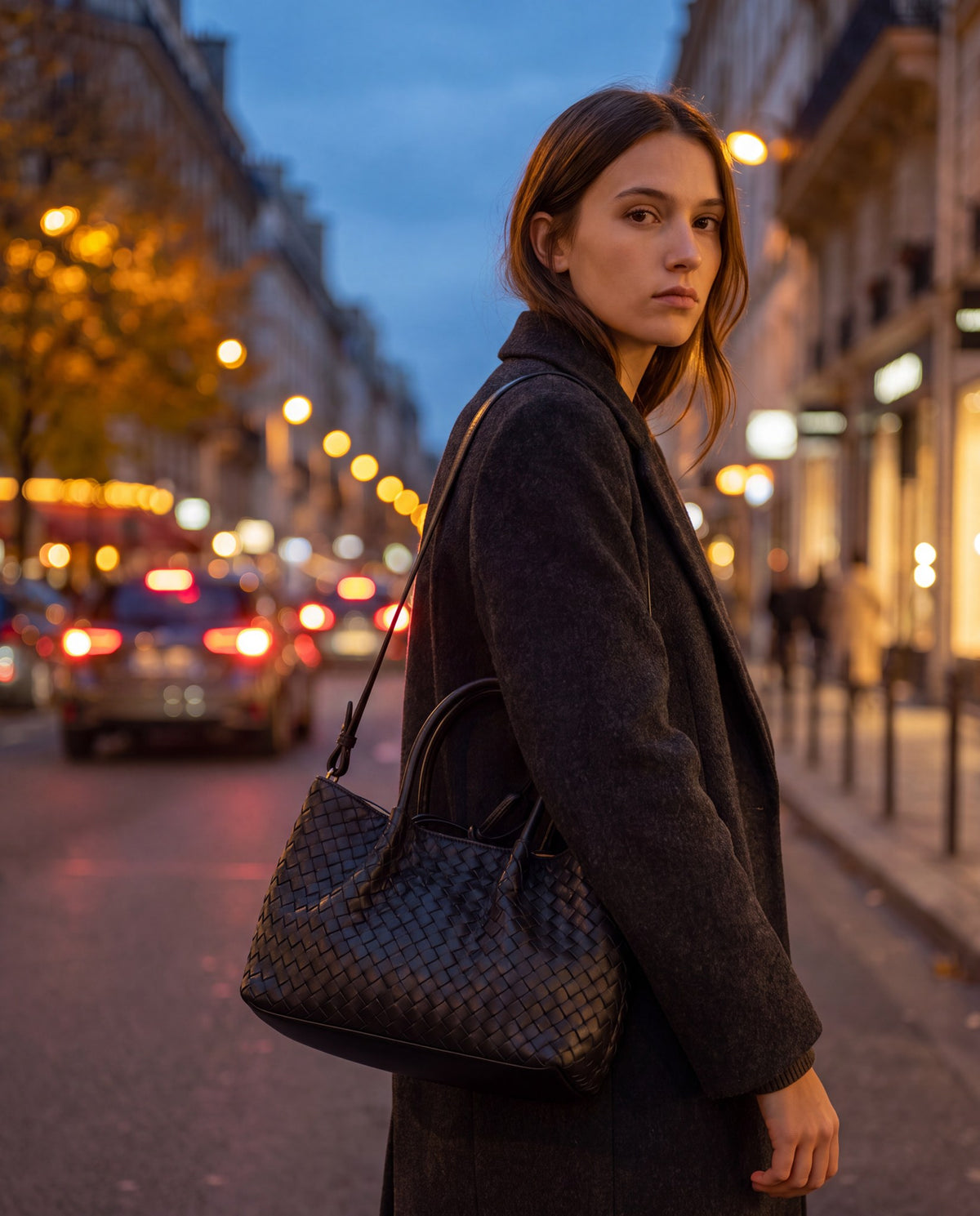 Woman with the Black Ornella woven leather bag on a city street at dusk