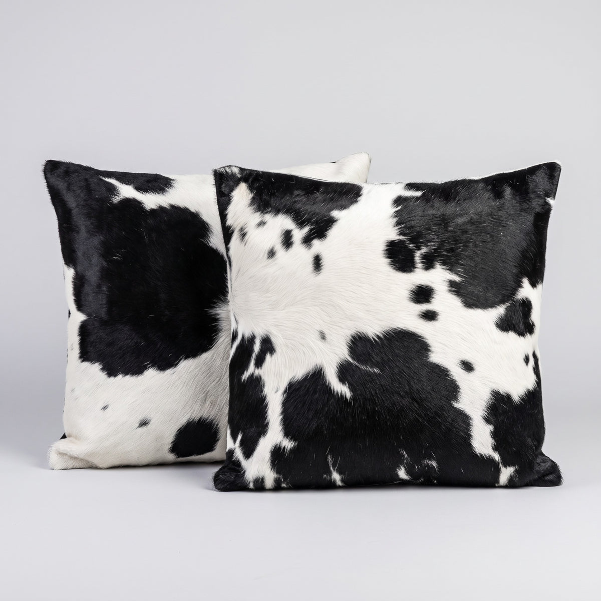 Pair of black and white genuine cowhide cushion covers on a grey studio backdrop