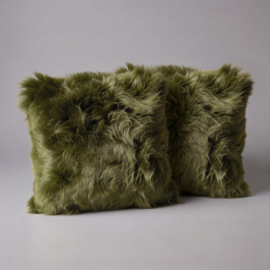 Pair of Apple Green New Zealand sheepskin cushion covers, 35 x 35 cm, side by side