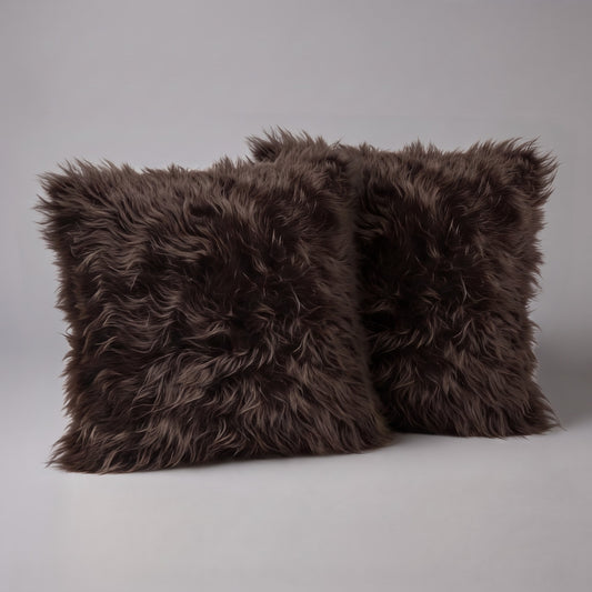 Pair of Dark Chocolate New Zealand sheepskin cushion covers, 35 x 35 cm, side by side
