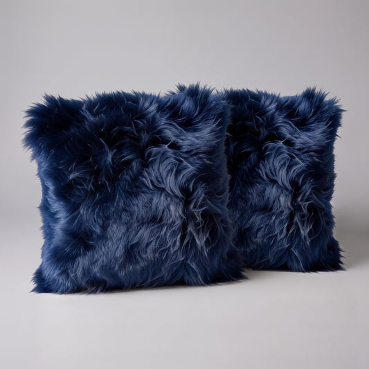 Pair of Indigo New Zealand sheepskin cushion covers, 35 x 35 cm, side by side