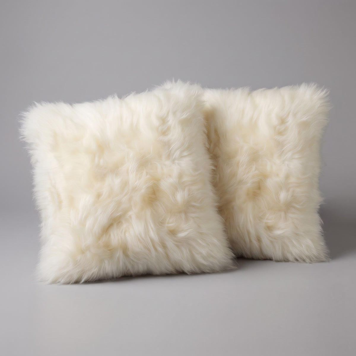 Pair of ivory New Zealand sheepskin cushion covers 35 x 35 cm on a grey studio backdrop