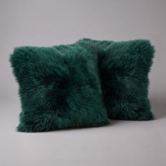 Pair of Jungle Green New Zealand sheepskin cushion covers, 35 x 35 cm, side by side