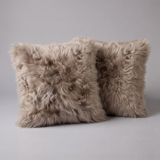 Pair of Taupe New Zealand sheepskin cushion covers, 35 x 35 cm, side by side