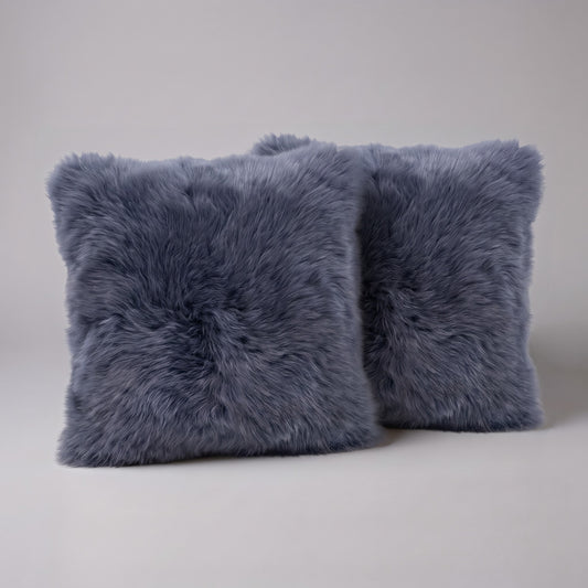 Pair of Twilight New Zealand sheepskin cushion covers, 35 x 35 cm, side by side