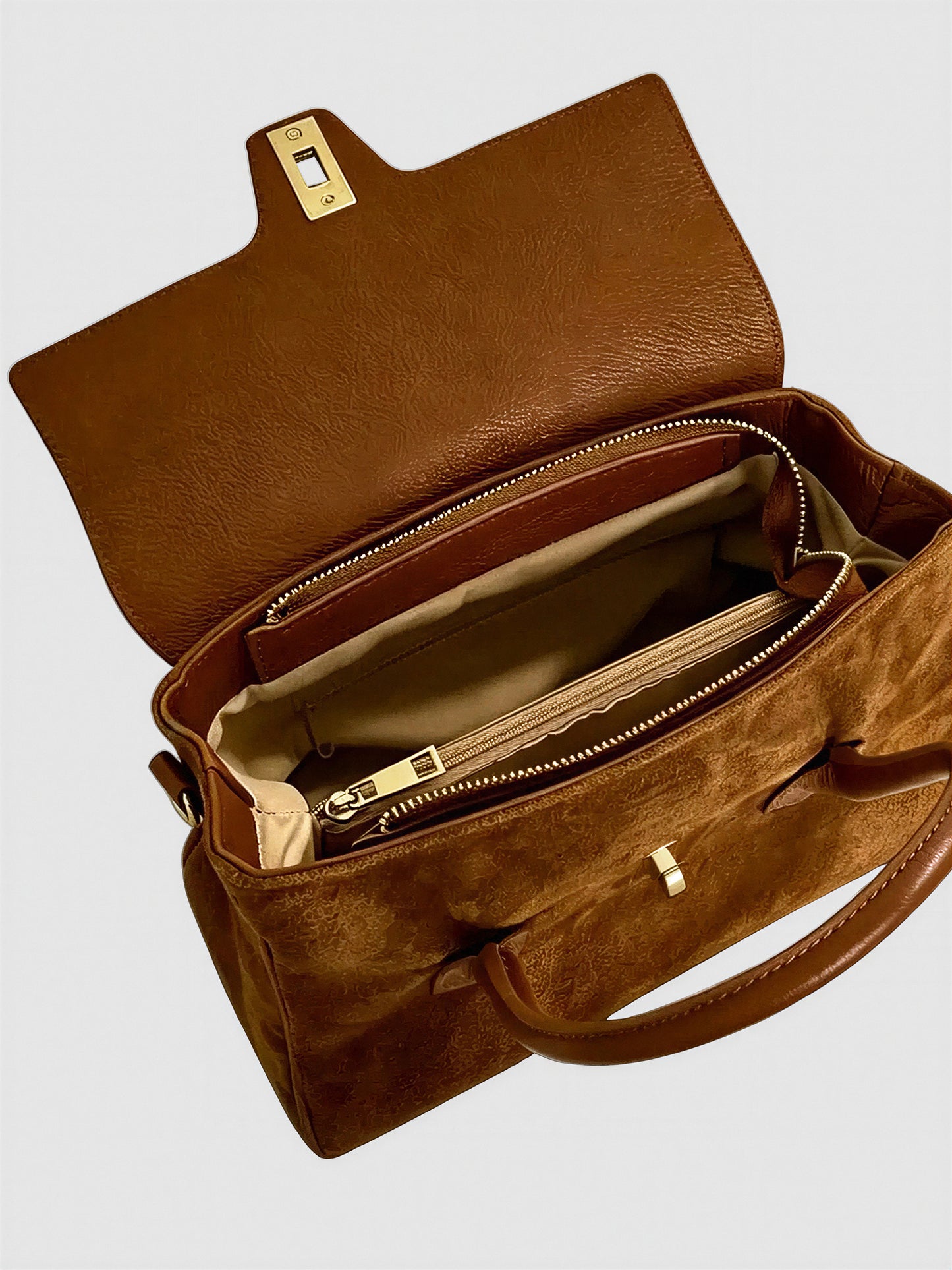 Nina Suede & Leather Satchel Bag by Clemés - Tan, interior open view