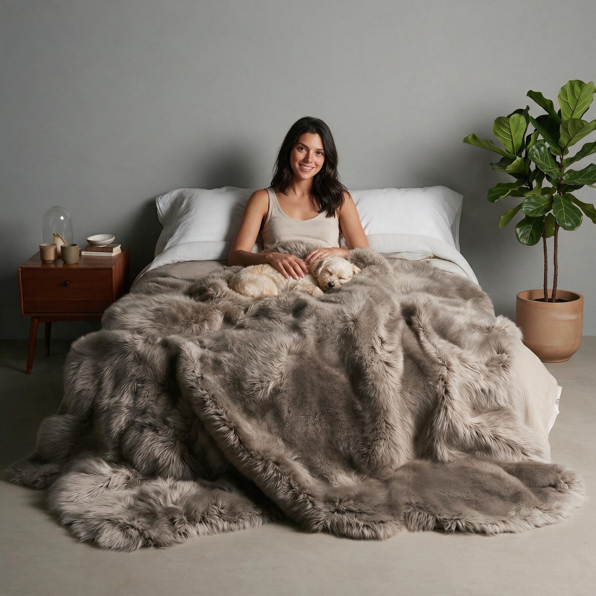 Taupe Octo New Zealand sheepskin rug throw styled on a bed, model with a small dog curled in her lap