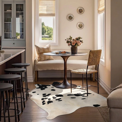 Caramel and ivory exotic printed cowhide rug styled on the floor of an editorial interior